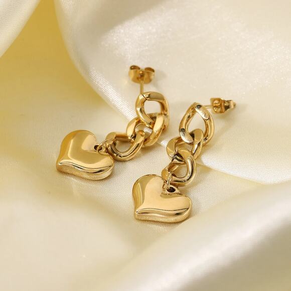 Drop Chain Heart Earrings 18K Gold Plated Stainless Steel - Picture 3 of 12
